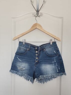 Jeans Medium Blue Distressed High-Waist Denim Shorts